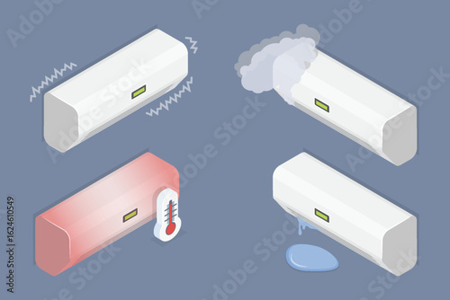 Air conditioner problems, malfunction and breakdown symptom set. Repair concept. 3d flat isometric vector illustration.