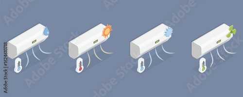 Air conditioner regimes. Set with cool, heat, dry, fan waves blowing. Home climate control icons. Summer and winter modes for comfortable temperature. 3d flat isometric vector illustration.