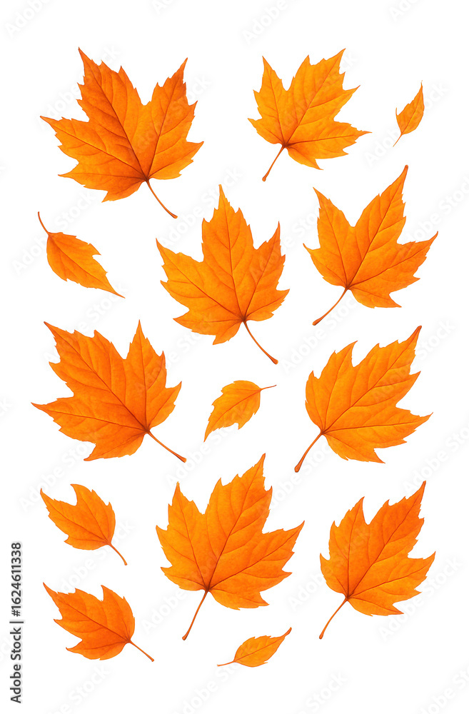 Obraz premium Pattern of orange maple leaves scattered on a white background, showcasing the vibrant colors and intricate details of autumn foliage.