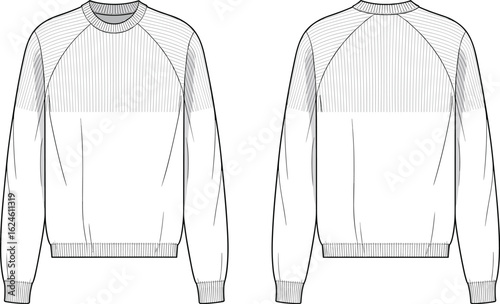 CAD drawing flat vector illustration of trendy sweater front and back view, fashion technical sketch for apparel designers, clothing manufacturers