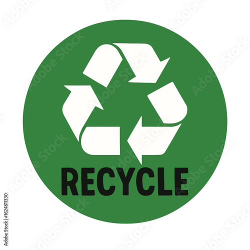 The recycle symbol in a green circle represents environmental sustainability. Modern flat vector sticker label with icon and badge style, transparent background