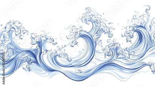 30.A detailed vector illustration of flowing water waves with decorative and swirly outlines. Each wave is formed by horizontal zigzagging lines and soft curves that mimic the natural movement of