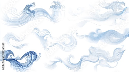 30.A detailed vector illustration of flowing water waves with decorative and swirly outlines. Each wave is formed by horizontal zigzagging lines and soft curves that mimic the natural movement of