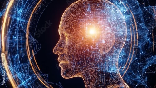Digital representation of a human head and brain composed of glowing blue and orange particles and data streams, symbolizing artificial intelligence, consciousness, and futuristic technology