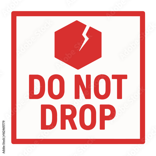 A clear 'do not drop' warning label with a damaged box graphic, suitable for shipping. Modern flat vector sticker label with icon and badge style, transparent background