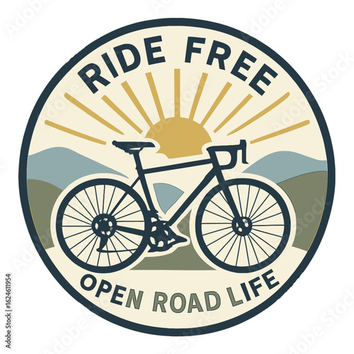 A retro-inspired design features a bicycle, sun, and mountains, promoting a life of freedom. Vintage vector emblem badge patch, retro design, transparent background