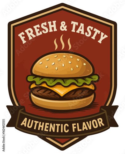 Vintage emblem showcases a fresh and tasty burger with authentic flavor. Vintage vector emblem badge patch, retro design, transparent background
