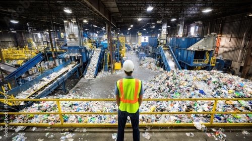The worker observing operations at a modern recycling facility filled with waste materials.