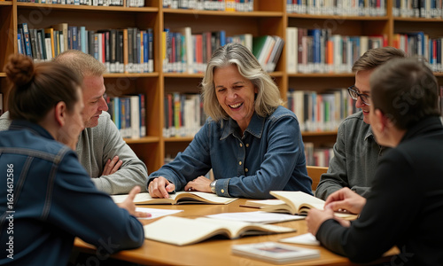 Diverse group studying and laughing in a library setting