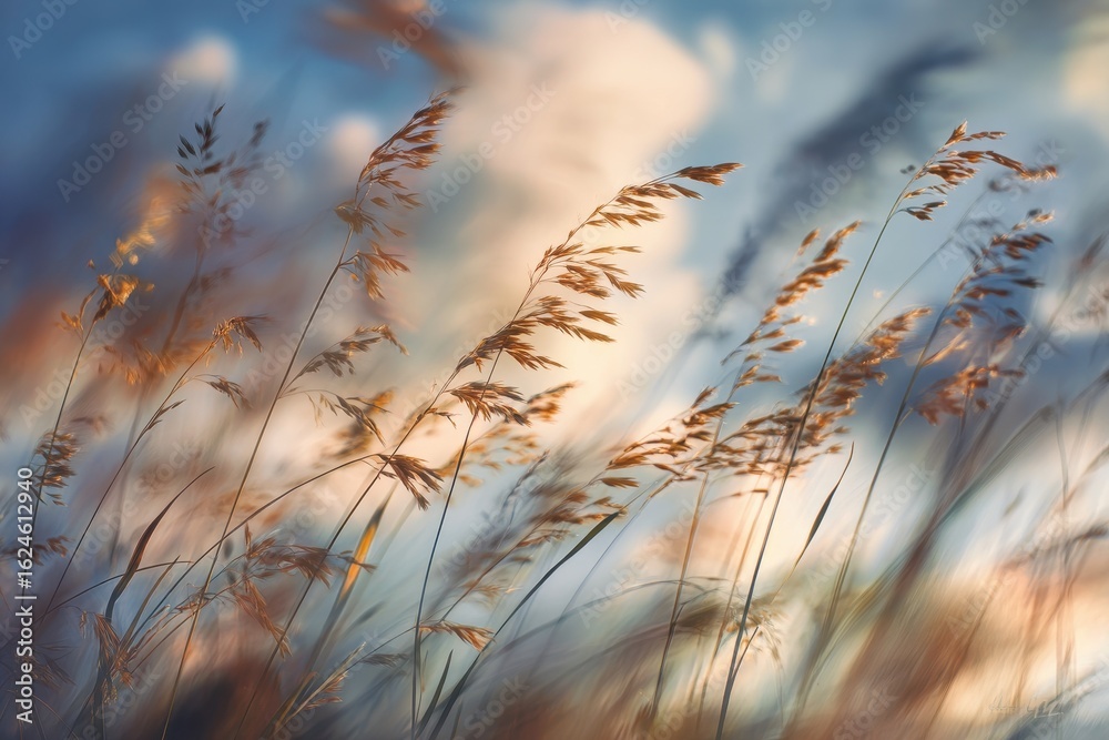 Obraz premium Golden grass swaying in sunset light (1)