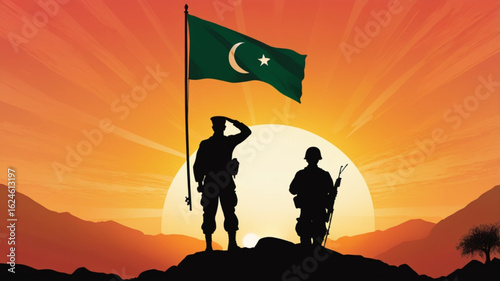 Silhouette of saluting soldier against the sunset and Kashmir Flag.