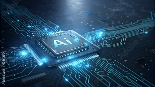 A looping animation showing a close-up, rendered image of a computer chip. The letters 