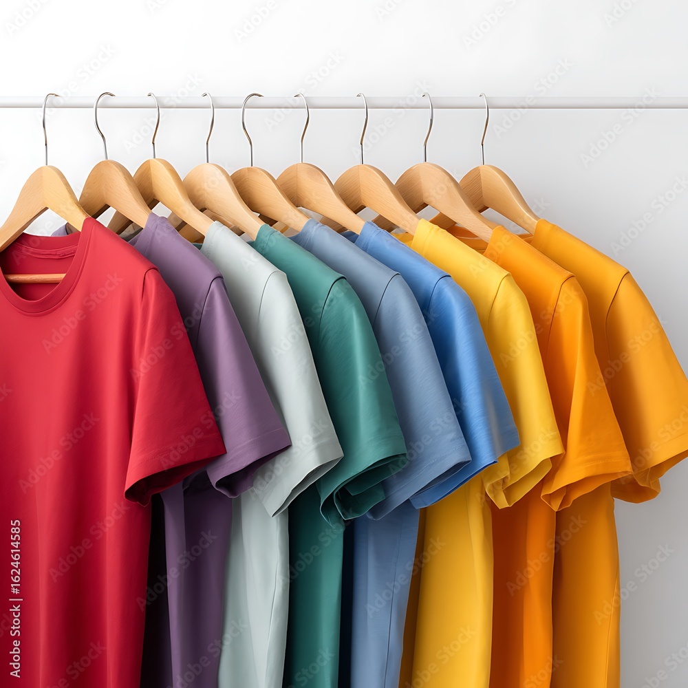 Fototapeta premium Colorful t shirts hanging on wooden hangers isolated on white background