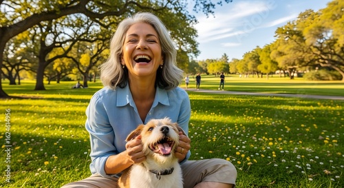 Happy Older Woman Wearing Light Blue Shirt Smiling with Dog Sitting in Park on Sunny Day