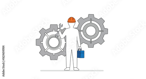Engineer or Technician with Tools Standing Between Two Large Gears

