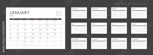Set of 12 Pages Monthly Calendar Planner Templates on 2026 year. Vector mockup of a wall or desktop calendar organizer grid with the week starting on Monday ready print. Page for size A4 -21x29.7 cm