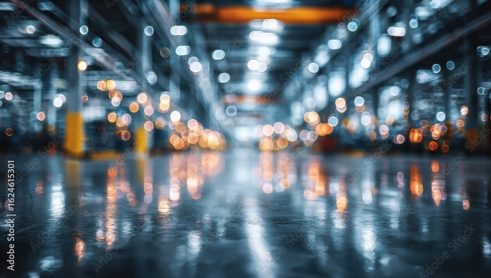 Blurred industrial interior, reflective floor Blurred industrial interior, reflective floor