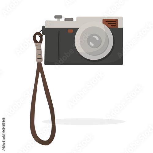 Cartoon icon of classic film camera with hand strap
