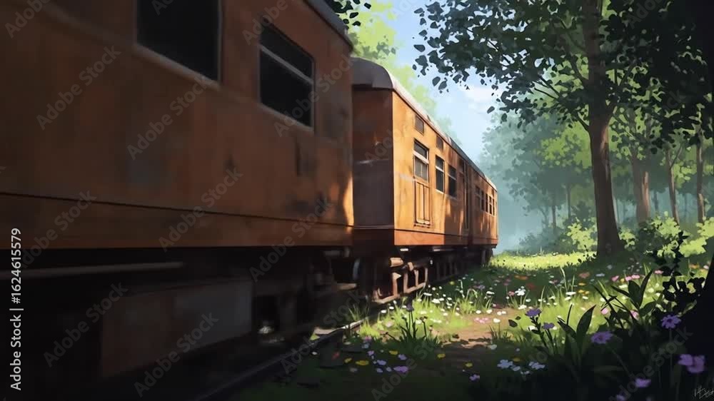 An old, rusty train sits on a track in a lush green forest, surrounded by trees and wildflowers, evoking a sense of nostalgia and adventure An old, rusty train sits on a track in a lush green forest, surrounded by trees and wildflowers, evoking a sense of nostalgia and adventure