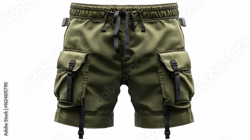 Olive Drab Cargo Shorts with Multiple Pockets and Adjustable Straps Isolated