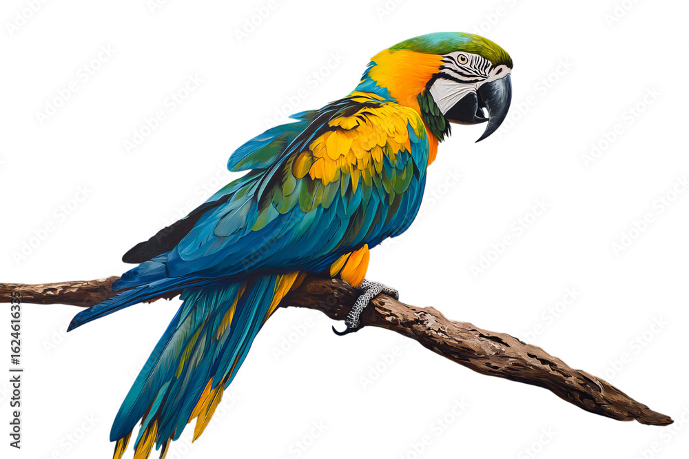 Fototapeta premium Vibrant blue and yellow macaw parrot perched on a branch isolated on transparent background