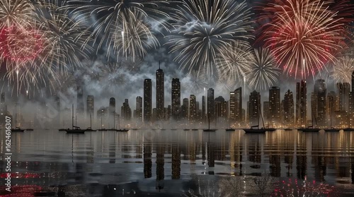 night of fireworks on the city skyline with low mist on the harbor and water reflections