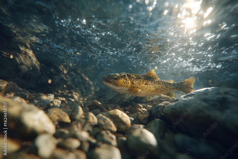 Fototapeta premium Brown trout gliding underwater, sunlight filtering through rocky river environment