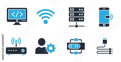 Information technology vector icons pack with computer coding network software and digital system symbols