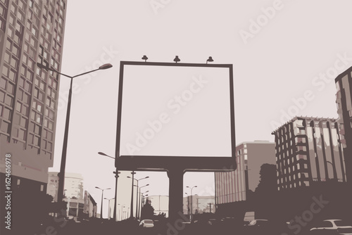 Blank billboard in city street with modern buildings and streetlights ready for advertisement