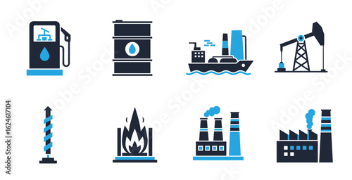 Oil and gas vector icons set featuring rig pump pipeline barrel and energy industry symbols