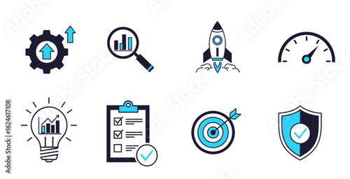 Optimization vector icons pack with gear setting adjustment performance and efficiency symbols