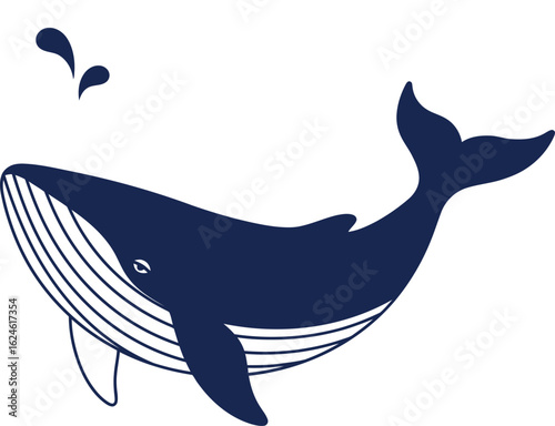 A minimalistic dark blue whale with a white underbelly spouts water droplets from its blowhole against a solid light blue background, evoking playful ocean simplicity.