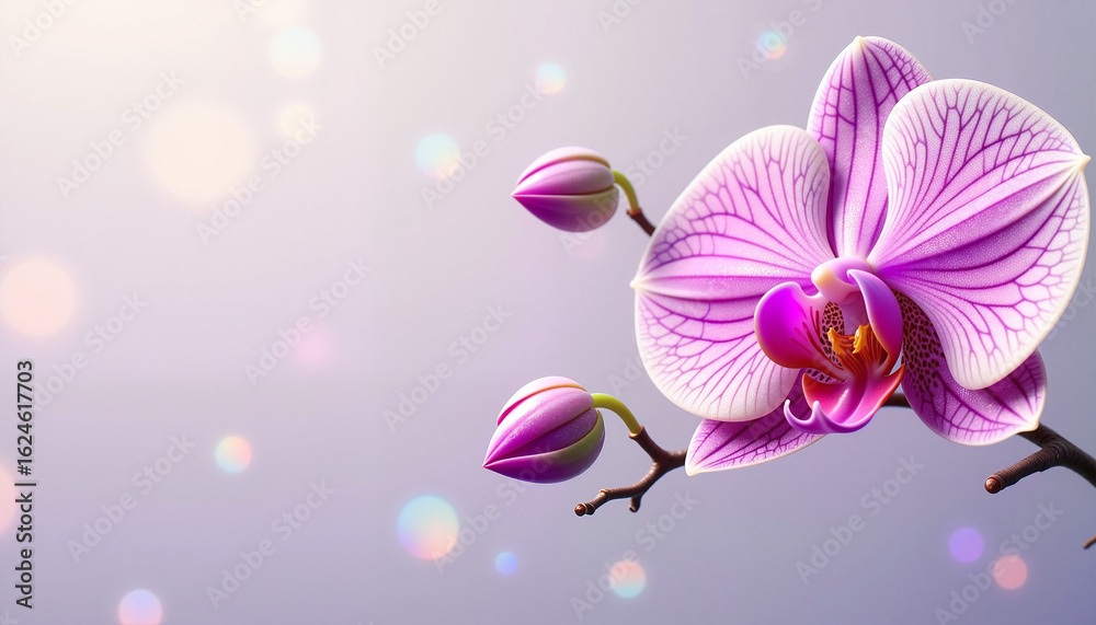 Naklejka premium Vibrant pink orchid bloom with pastel gradient background, with space for text