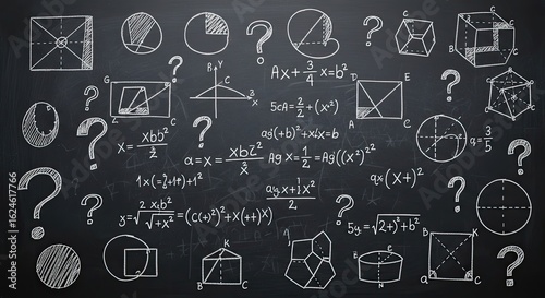 Chalkboard of Mathematical Enigmas: A chalkboard etched with intricate mathematical formulas, shapes, and symbols. Amidst the equations.