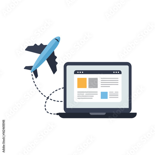 A stylized illustration of a laptop computer connected to a departing airplane, suggesting online travel booking or flight information.
