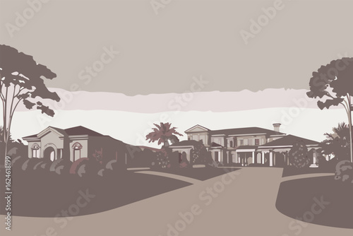 Elegant mansion estate driveway leading to grand entrance with manicured grounds