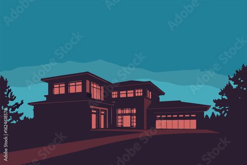 Striking modern residence with illuminated windows against a twilight sky