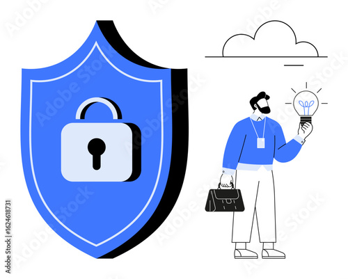 Blue shield with lock symbol, businessman holding idea lightbulb. Ideal for security, innovation, technology, business growth, privacy, safety creativity. Clean design as simple flat metaphor