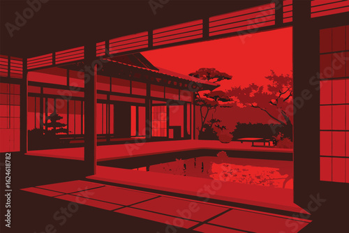 Serene Japanese garden with traditional architecture bathed in vibrant red sunset light