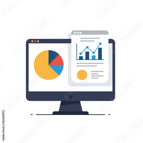 Computer screen displaying a pie chart and a document showing bar and line graphs, illustrating data analysis and reporting.