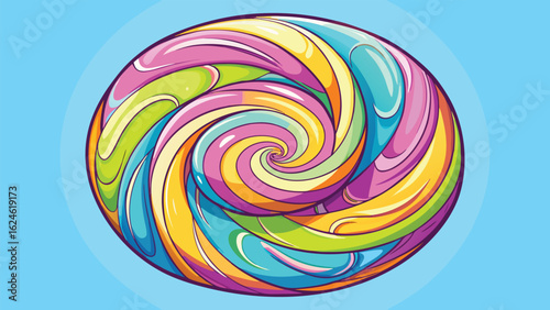 A vibrant rainbow swirl design forms a colorful spiral lollipop pattern