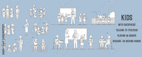 Architectural Drawings kids with backpacks, talking to teachers, playing in groups, reading, or raising hands vector illustration, side view, human person Minimal style hand drawn.