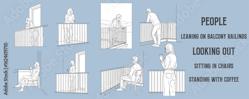 Architectural Drawings people leaning on balcony railings, looking out, sitting in chairs, or standing with coffee vector illustration, side view, human person Minimal style hand drawn.
