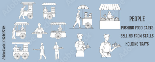 Architectural Drawings people pushing food carts, selling from stalls, or holding trays vector illustration, side view, human person Minimal style hand drawn.