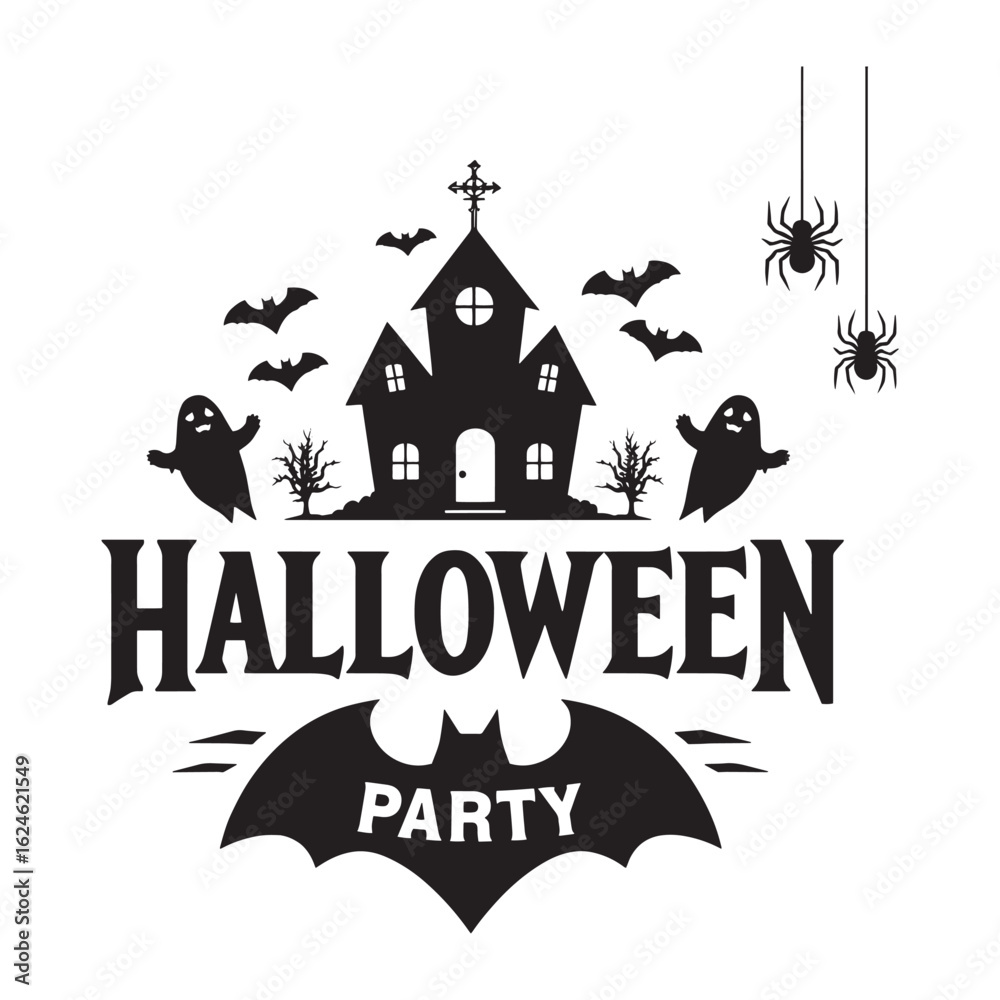 Obraz premium Spooky Halloween Party Design with Haunted House, Ghosts, Bats, and Spiders