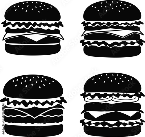 Four stylized black silhouettes of delicious gourmet cheeseburgers with sesame seeds on the buns against a white background
