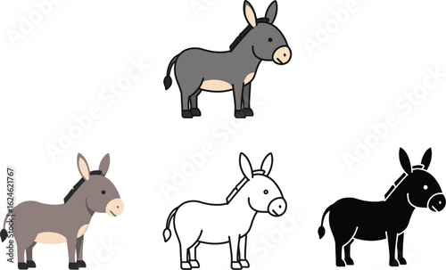 Collection of four cartoon donkeys in different styles and colors standing on a white background