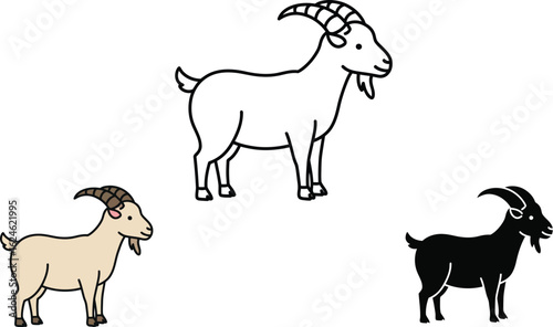 Three distinct goat illustrations a black silhouette a simple line drawing and a light brown goat