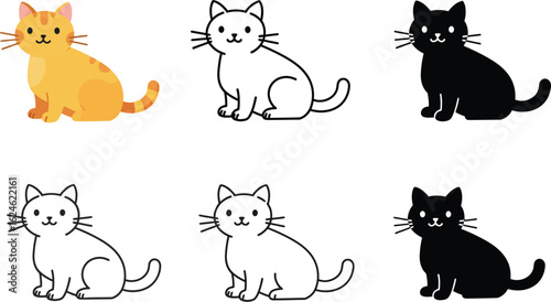 Collection of six cute cartoon cats in different colors and styles sitting and looking forward