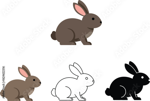 Collection of stylized cartoon rabbits in brown black and outline versions on a white background